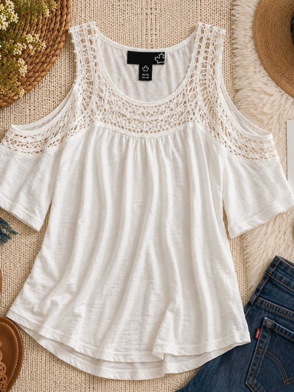 White Crochet Cold Shoulder Boho Top XL